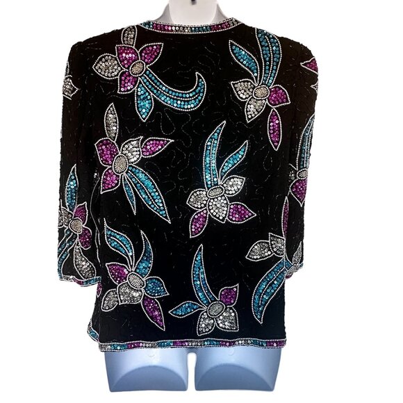 NWT Vintage Black Sequin Beaded Floral Jacket 100% Silk Size Large by Stenay - Picture 2 of 14